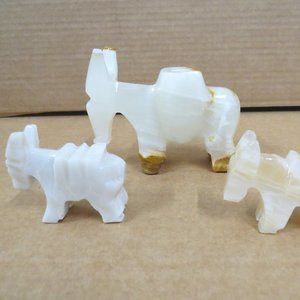 3 Pc Set Agate Onyx Stone Donkey Mule Burro Figurine Pen Holder & Paperweights